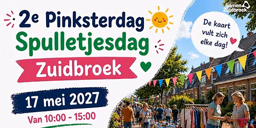 Straatfoto van de Spulletjesdag op een zonnige dag in wijk Zuidbroek, Apeldoorn, met kramen vol tweedehandse artikelen en bezoekers die snuffelen.